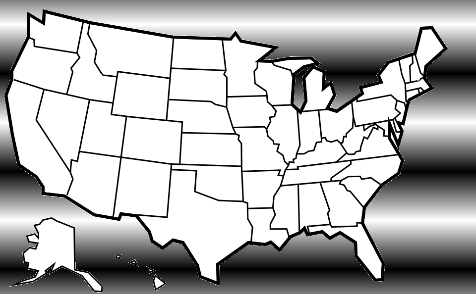 Vector art photo of the United States of America with certain states filled in with color.